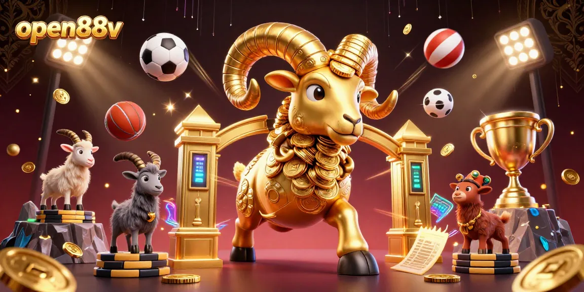 Join the excitement of open88v with a golden ram charging through a vibrant sports betting scene.