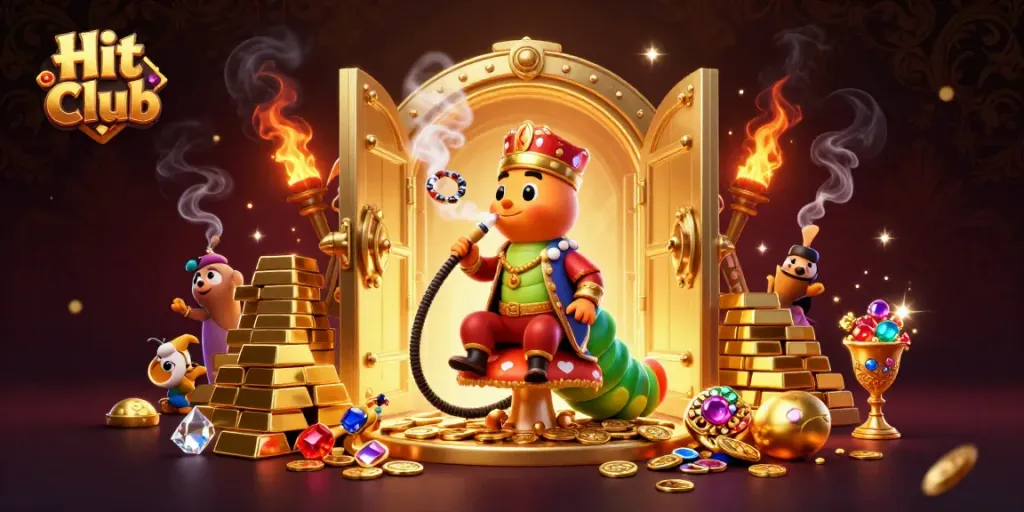 Hit Club showcases vibrant casino themes with a 3D caterpillar hookah-master illustration.