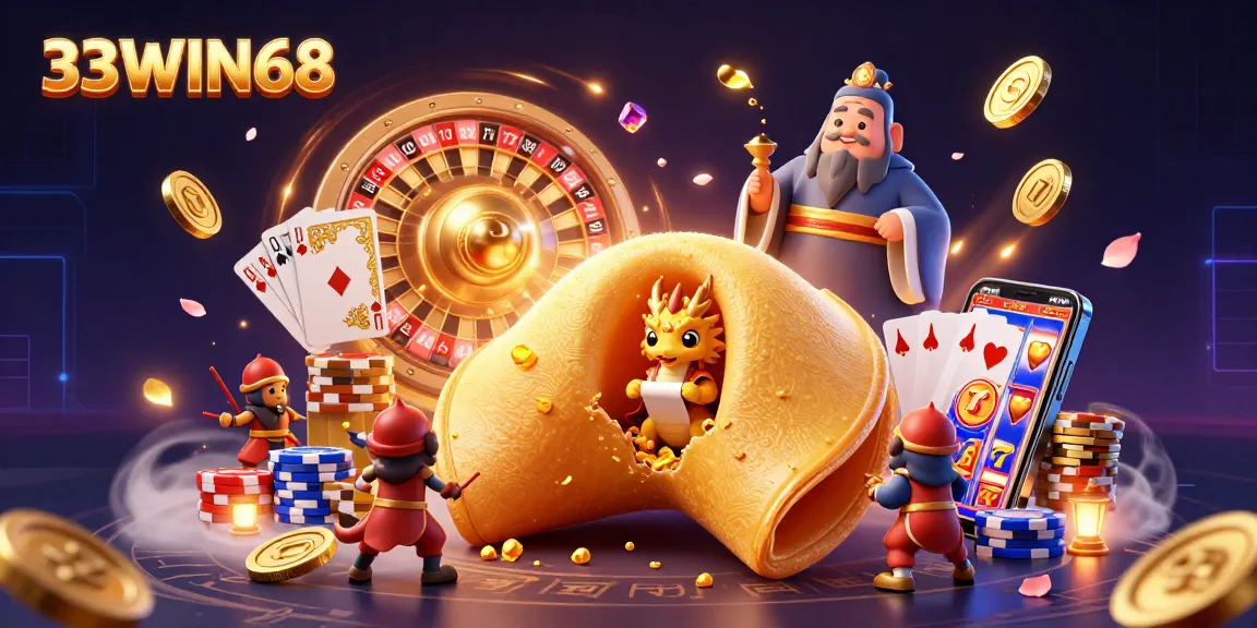 Engage with thrilling 33WIN68 online casino action featuring a magical golden fortune cookie and a wise dragon.